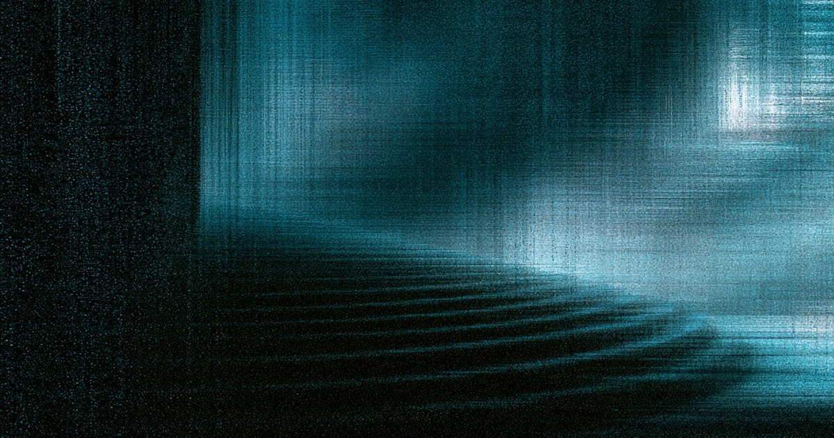 Petrol and aqua artwork of a staircase descending into darkness beside a pale haze of light