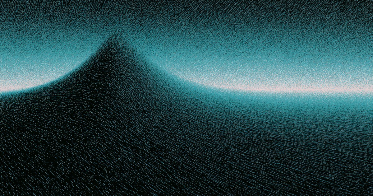 Petrol and aqua artwork of a single sharp peak rising from a grainy plain against a luminous horizon