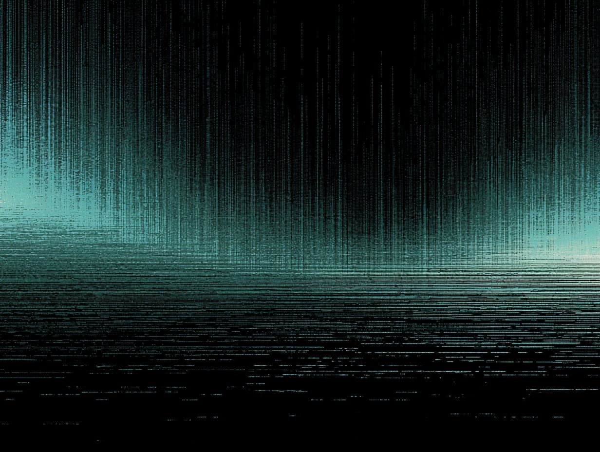 Teal and black glitch artwork of digital price data dissolving into a horizon
