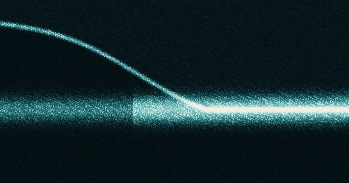 Petrol and aqua artwork of a dark curve descending and stopping dead at a bright glowing line